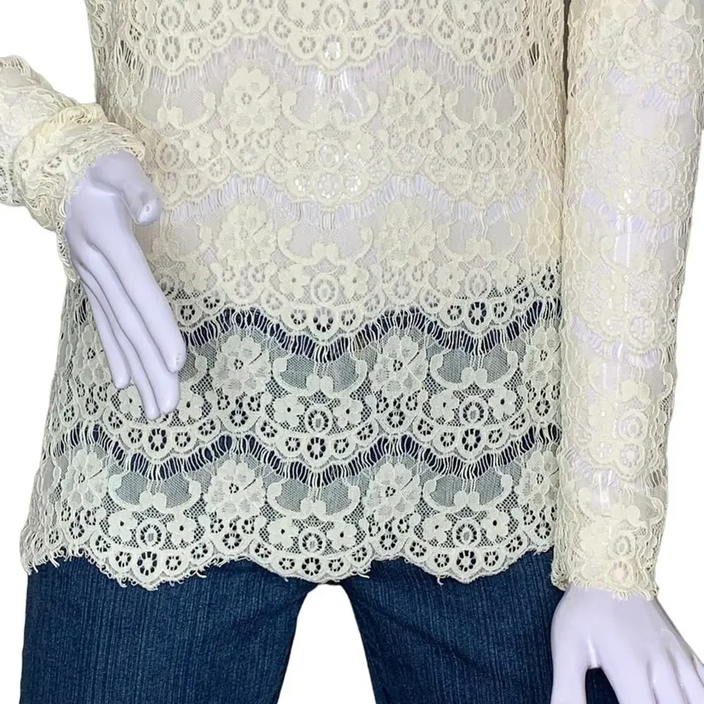 Maurices Lace Top Long Sleeve Size S Beige All See Thru